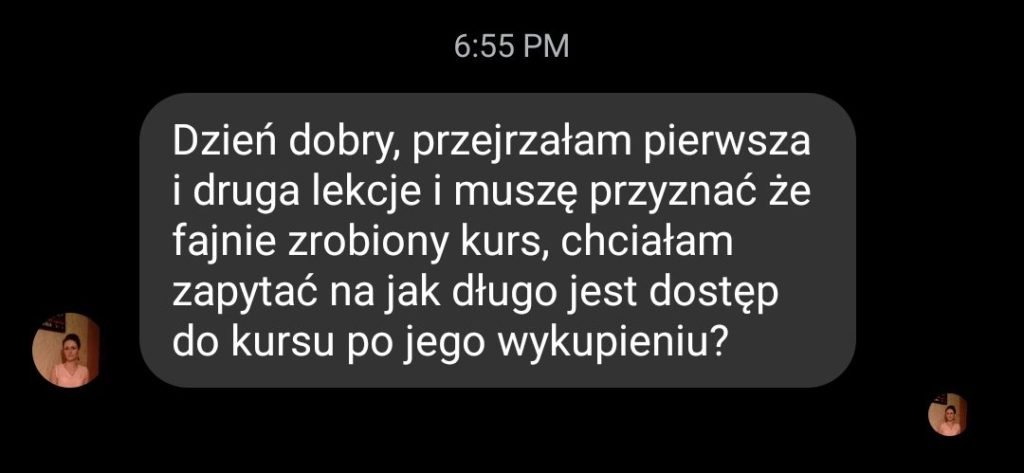 Wiadomość Moniki po pierwszych dwóch lekcjach kursu