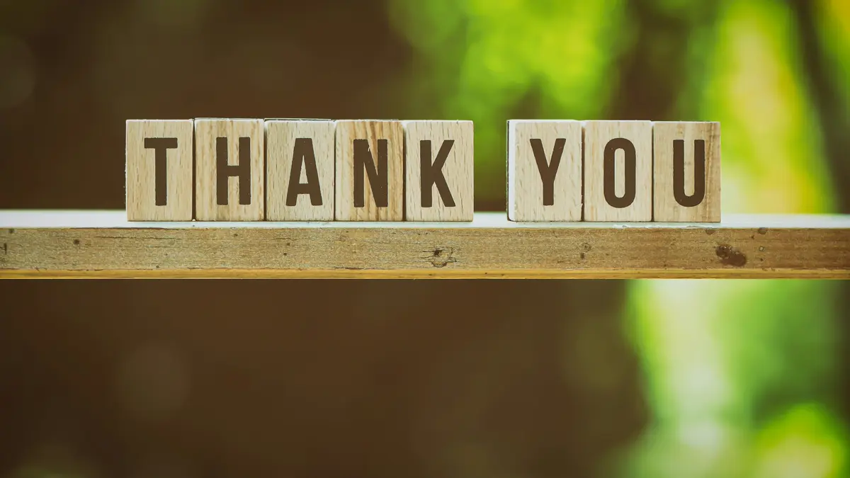 Zwroty grzecznościowe po angielsku: napis THANK YOU ułożony z drewnianych klocków