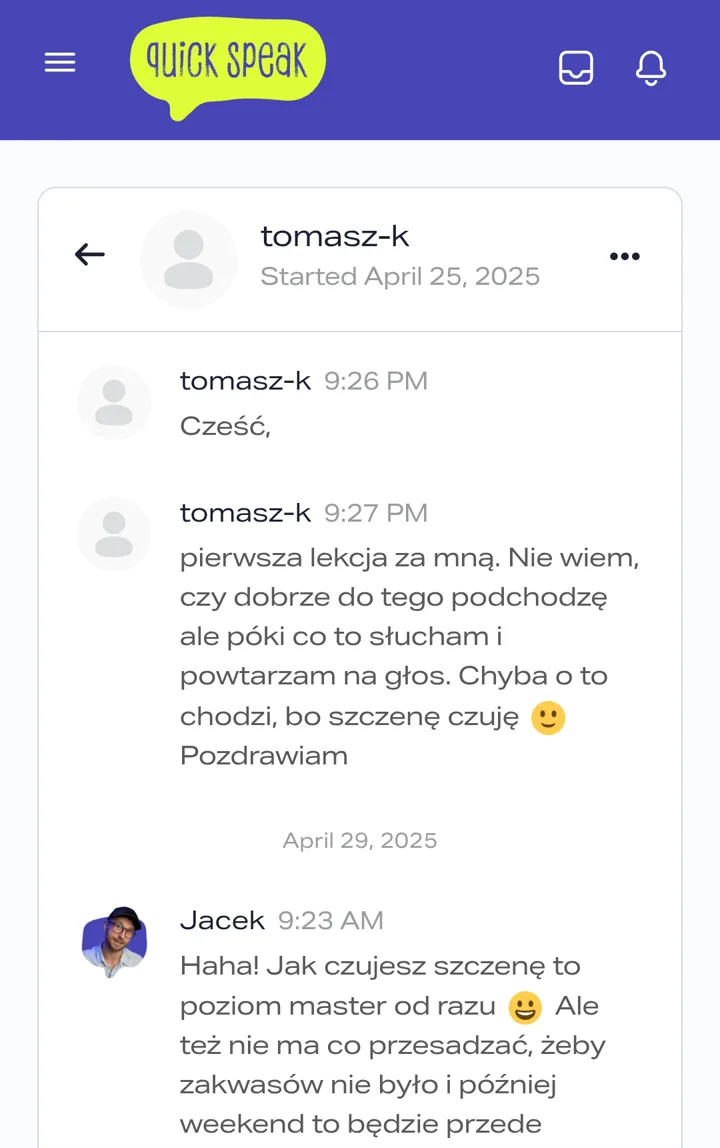 Cześć, pierwsza lekcja za mną. Nie wiem, czy dobrze do tego podchodzę, ale póki co to słucham i powtarzam na głos. Chyba o to chodzi, bo szczenę czuję. Pozdrawiam